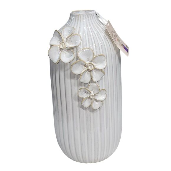 Flora Bunda Handcrafted By Artisans Ceramic Vase With Floral Appliqued 9.5" Tall - Picture 1 of 13